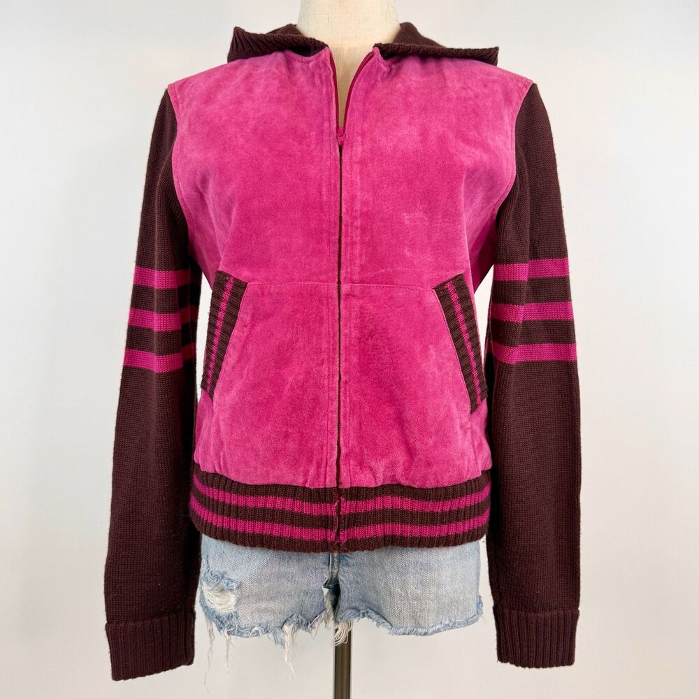 Maxima Wilson's Pink Leather Varsity Style Zip Up Jacket Knit Sleeves Y2K Size L